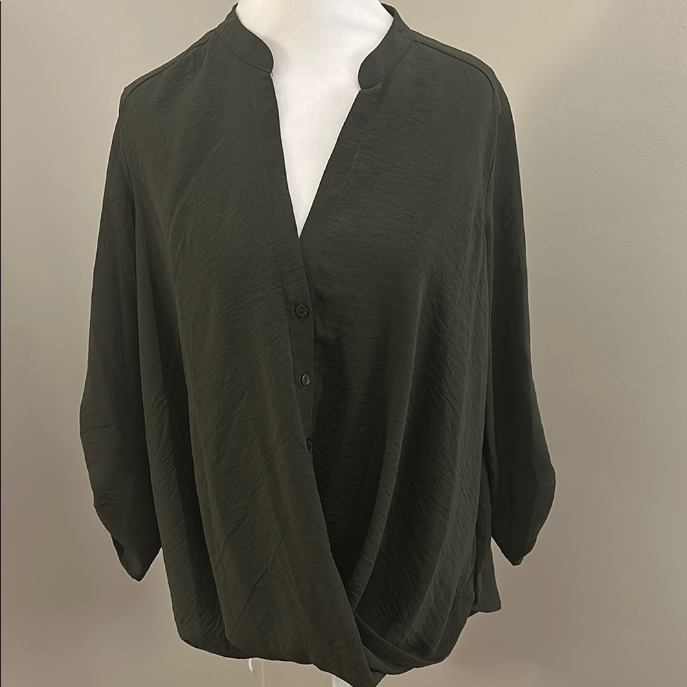 Lush Surplice Draped High-Low Blouse, Dark Olive, Sz S